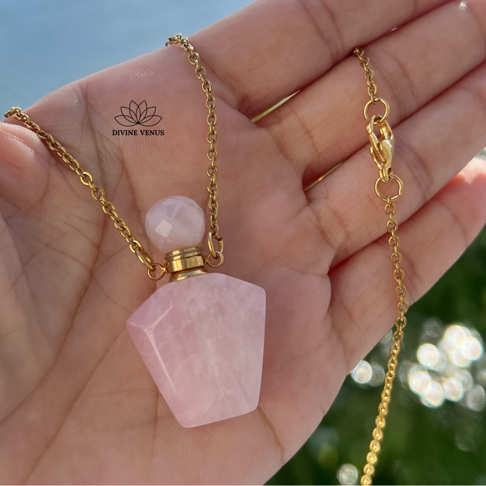 Rose Quartz Perfume Bottle Necklace | Gold Plated Stainless Steel | Crystal Vial